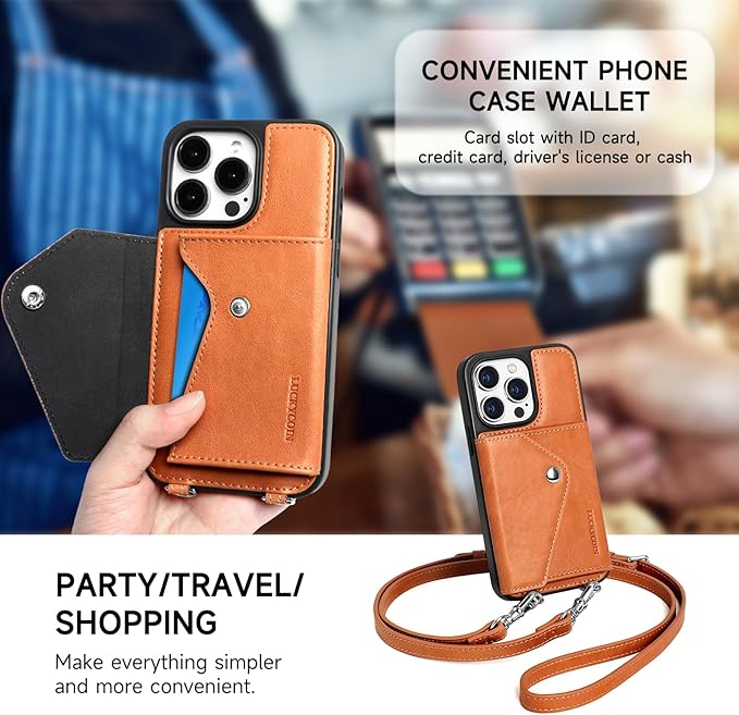 LUCKYCOIN Crossbody Wallet Phone Case for iPhone 15 Pro,100% Genuine Leather Wallet Phone Case with Expandable Flip Card Holder,Phone Purse for Women with Adjustable Removable Strap - Brown