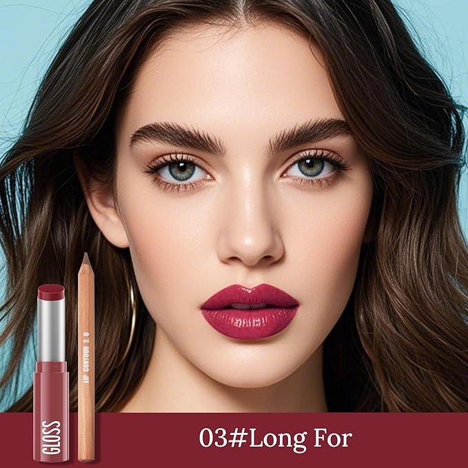 Erinde 2pcs Lip Liner and Lipstick Combo Set, Matte Lipliner Pencil & Hydrating Lip Gloss Makeup Kits for Women, Waterproof, Long Lasting, Highly Pigmented, Nude Brown Natural Lipstick, 03