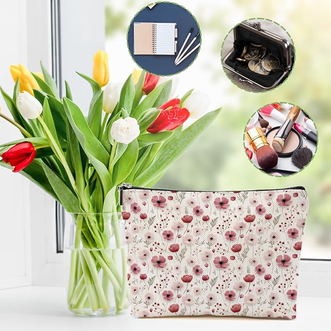 4 Packs Watercolor Pink Yellow Flowers Makeup Bag Floral Cosmetic Bag Friend Friendship Gifts for Women Girls Bestie Botanical Travel Organizer Zipper Pouch Christmas Thanksgiving Birthday Gifts