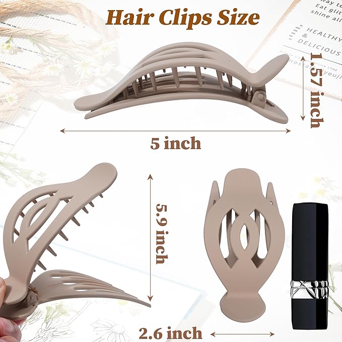 AWAYTR 6Pcs Upgrade Large Flat Hair Claw Clips for Women Girls, 5" Non-slip Duckbill Hair Clips for Long, Thick, Thin Hair, Comfortable for Driving & Lying Down (Matte (Dark))