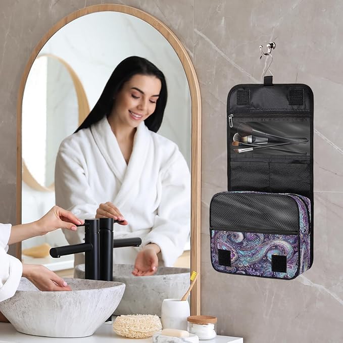 Travel Toiletry Bag for Women & Men Ethnic Purple Paisley Hanging Cosmetic Organizer Portable Waterproof Makeup Case Make Up Bag with Compartments Travel Essentials for Bathroom Shower