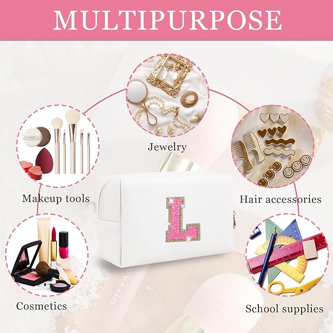 Initial Letter Patch Makeup Bag, Small Preppy A-Z Glitter Letter Cosmetic Bag, PU Leather Waterproof Travel Toiletry Bag, Cute Make Up Pouch Personalized Monogrammed Gift for Women Teen Girls