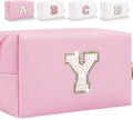 Small Personalized Glitter Initial Letter Makeup Bag, Cute PU Leather Chenille Letters Cosmetic Bag Travel Makeup Pouch, Preppy Travel Organizer Zipper Pouch for Women&Girls（Pink-Y）
