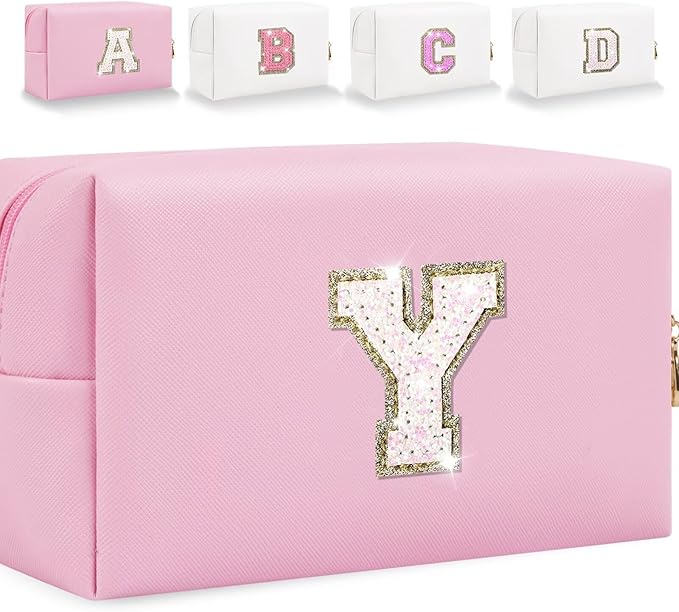 Small Personalized Glitter Initial Letter Makeup Bag, Cute PU Leather Chenille Letters Cosmetic Bag Travel Makeup Pouch, Preppy Travel Organizer Zipper Pouch for Women&Girls（Pink-Y）