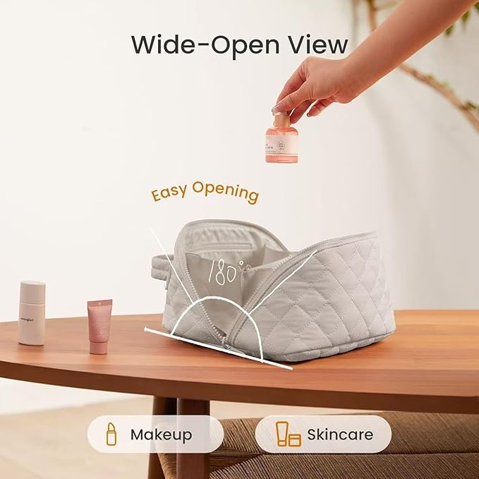 Makeup Bag for Woman, 180° Lay Flat Wide Open Makeup Bags, Large Fold out Washable Cosmetic Case, Quilted Puffy Toiletry Bags for Toiletries (Khaki)