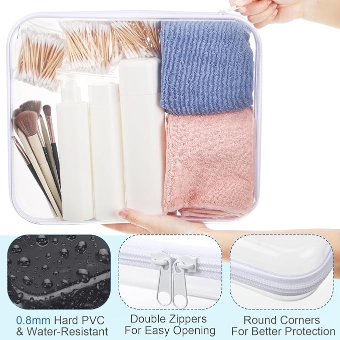 Sanwuta 6 Pcs Clear Hard Zipper Case Hard Plastic Zipper Pouches Makeup Bag Pencil Pouches Transparent Cases for Snacks Plastic Storage Organizer Box for Travel(White,13.78 x 11.81 x 2 Inch)