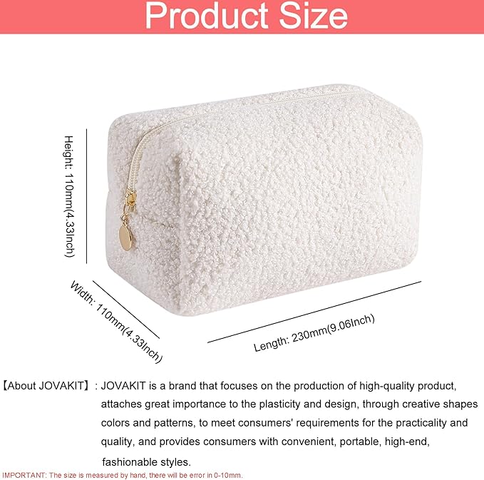 JOVAKIT Travel Makeup Bag Cosmetic Bag for Women, Fashion Christmas Gifts, Plush Zipper Make Up Pouch, Large Capacity Toiletry Organizer Makeup, Portable Storage Bag Trendy Stuff (White)