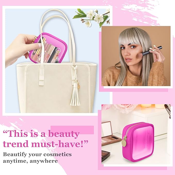 Mini Clear Travel Makeup Organizer Bag for Purse, Small Cute Makeup Bag Preppy Cosmetic Zipper Pouch Purse, Transparent PVC & Nylon Coin Pouch Sanitary Napkin Storage Bag for Women Men Girls(Hot Pink)