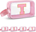 Initial Makeup Bag,Letter T Cute Clear Monogrammed Cosmetic Travel Bag for Womens Girls,Personalized Pink Aesthetic Traveling Make Up Organizer Bag for Beach,Waterproof Toiletry Bag