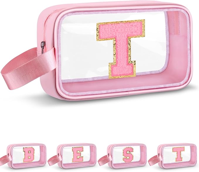 Initial Makeup Bag,Letter T Cute Clear Monogrammed Cosmetic Travel Bag for Womens Girls,Personalized Pink Aesthetic Traveling Make Up Organizer Bag for Beach,Waterproof Toiletry Bag