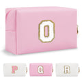 Personalized Initial A-Z Preppy Patch Makeup Bag,Small PU Chenille Letter Cosmetic Bag with Zipper for Teen Girls,Pink Cute Toiletry Organizer Bag,Monogram Makeup Case Gift for Women Girls,Letter O