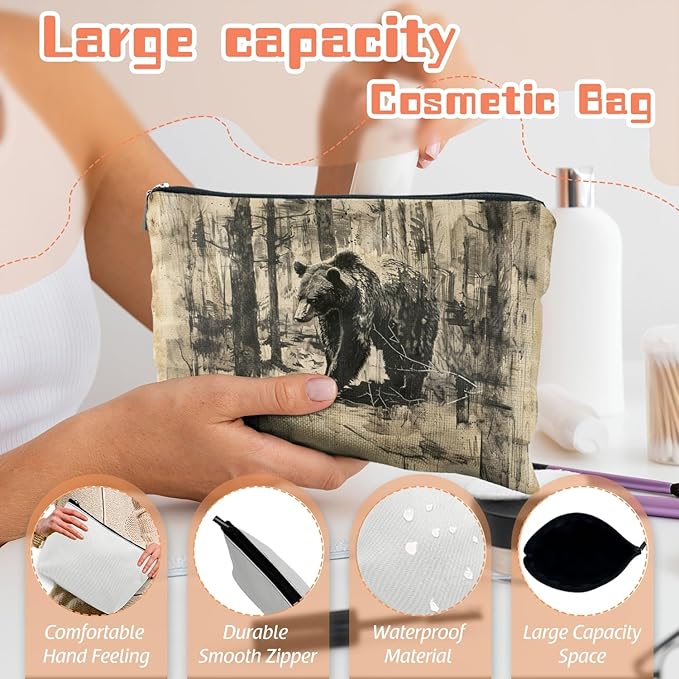 Makeup Bag Travel Cosmetic Bags Small Makeup Case Waterproof Zipper Pouch for Women Girls 7X9inches - Brown Bear Roaming Through A Textured Forest