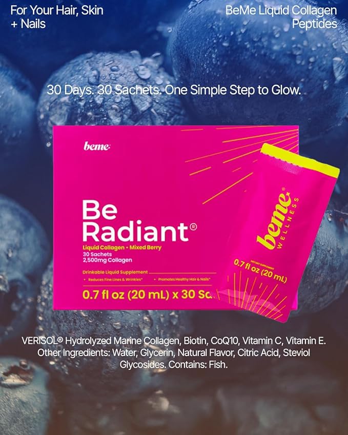 BeMe Liquid Collagen for Women - 2500mg Verisol Collagen Liquid with Biotin, CoQ10 & Vitamin C - Clinically Proven Collagen Peptides for Hair, Skin & Nails - 15 Mixed Berry Sachets