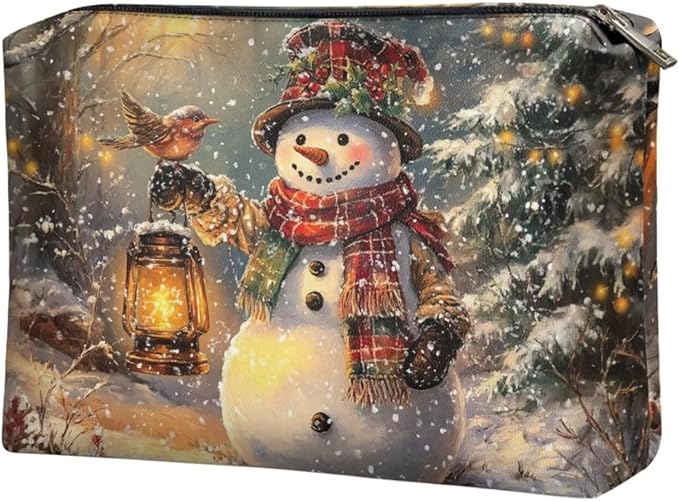 COEQINE Lip Balm Pouch,Snowman Purses for Women Leather Makeup Bag Travel Toiletry Bag with Zipper Travel Essentials Toiletries Accessories Brushes Costume Bags for Holiday Christmas Gifts
