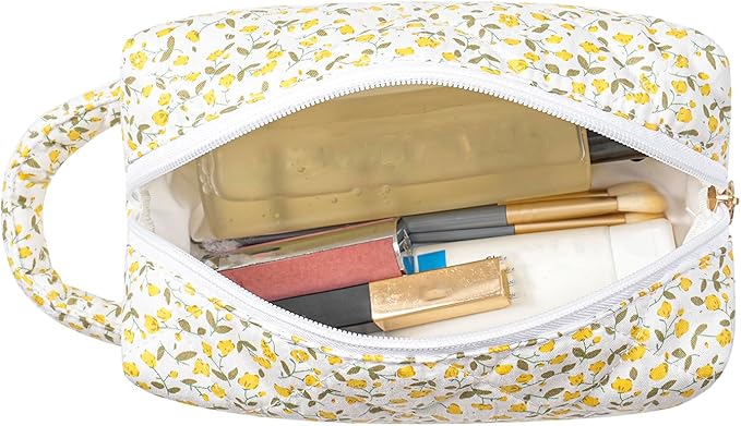 Makeup Bag Travel Cosmetic Bag for Women, Zipper Make Up Pouch, Floral Flowers Toiletry Organizer Makeup with Handle, Cosmetic Travel Cloth Bag (Yellow Floral)