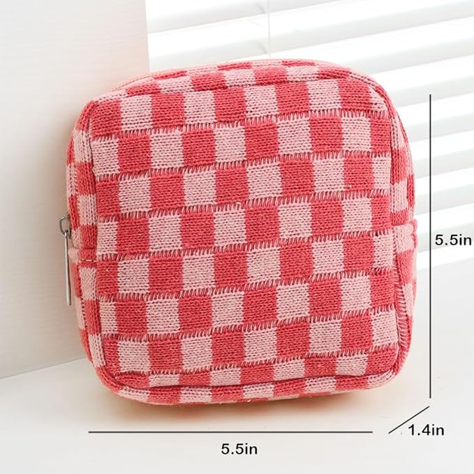Small Pink Makeup Bag for Purse, Mini Checkered Cosmetic Bag Zipper Cute Make Up Pouch Travel Toiletry Case Quilted Aesthetic Accessories Makeup Storage Bag Organizer for Women Girls