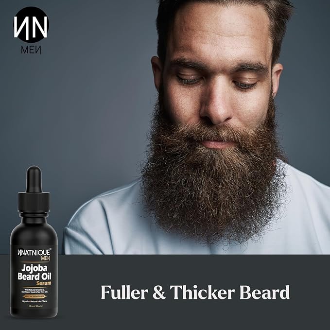Natnique Jojoba Beard Oil for Men with Vitamin E & Tea Tree – Organic Conditioner & Growth Oil – Moisturizer for Facial Hair, Mustache & Dry Skin – Softener for Itch, Dandruff & Grooming Care – 1 oz