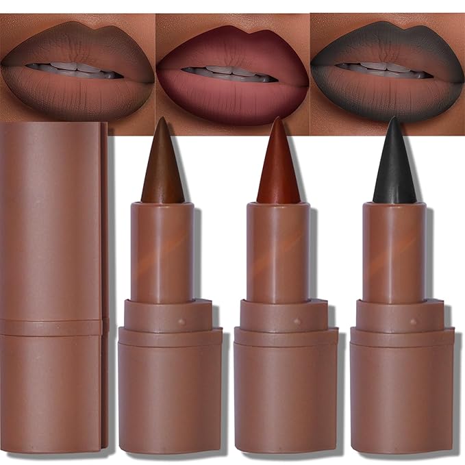 Erinde 3PCS 2-in-1 Lip Liner and Lipstick Lip Combo Set, Matte Nude Dark Brown Red Lip Liner Creamy Lip Pencil Crayon, High Pigmented Long lasting Lipstick Makeup