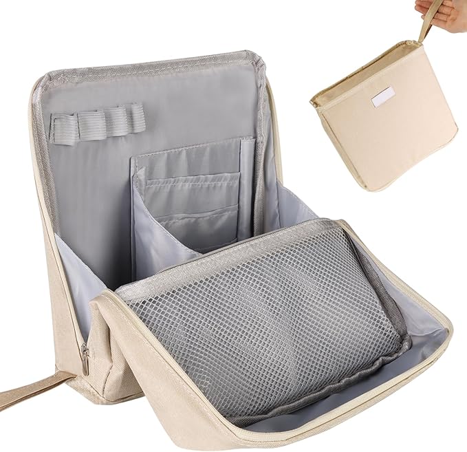 Large Capacity Standing Makeup Bag for Travel, Foldable Hanging Toiletry Organizer with 3 Storage Layers & 8 Inner Pockets, Portable Cosmetic Case for Women (Beige)