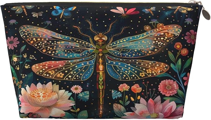 Womens Leather Makeup Bag Cosmetic Bag Travel Toiletry Bags Make Up Bags for Women Adult (Floral Dragonfly)