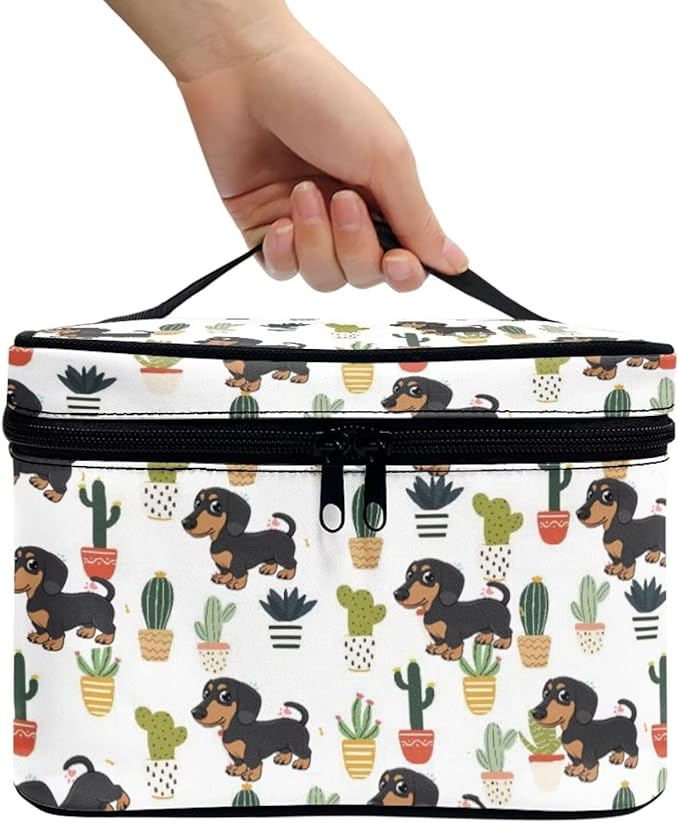 JoyLamoria Cute Dachshund Cactus Makeup Case Portable Cosmetic Bag Toiletry Containers for Women Girls