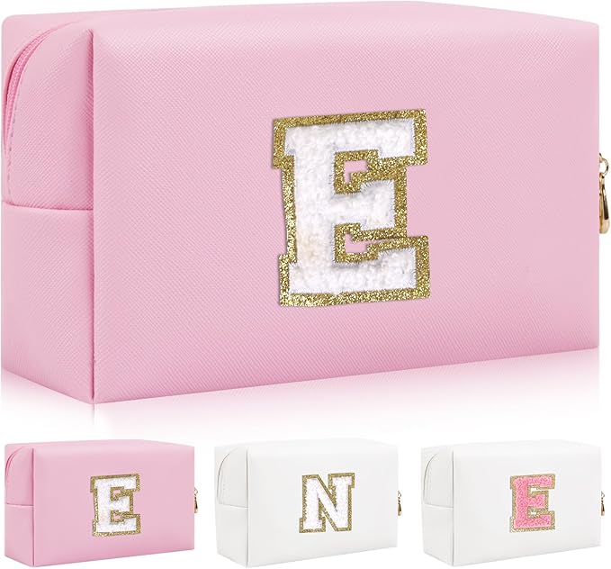 Personalized Initial Letter Patch Makeup Bag, Preppy Portable Chenille Cosmetic Bag with Zipper, PU Leather Waterproof Travel Toiletry Bag Monogram Make Up Pouch for Women Girls