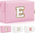 Personalized Initial Letter Patch Makeup Bag, Preppy Portable Chenille Cosmetic Bag with Zipper, PU Leather Waterproof Travel Toiletry Bag Monogram Make Up Pouch for Women Girls