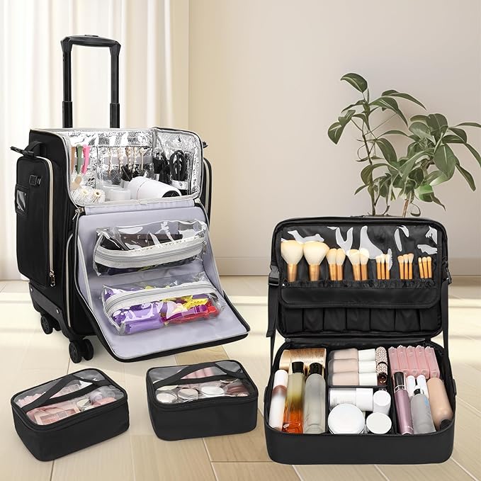OCHEAL Hairstylist Traveling Case with a Large Makeup Travel Bag for Hairstylist, Hairdresser Bag with Detachable Pouch,360° Rotatable Wheelsfor Hairdressing Tool Organizer