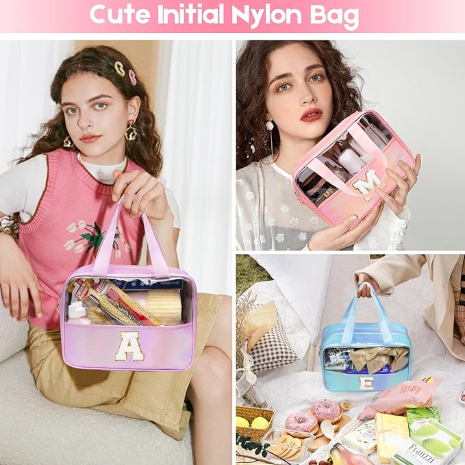 Personalized Initial Clear Makeup Bag Pink Cosmetic Bag Set Large Travel Toiletry Bag, Cute Clear Make Up Bags Organizer Bag for Girlfriend Teacher Gifts Teen Girl Gifts Trendy Stuff K (Pink)