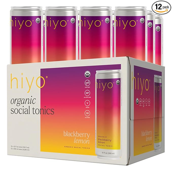 Hiyo Organic Social Tonic - Blackberry Lemon, 12 Pack - N.A. Functional Seltzer, Sparkling Water Crafted with Organic Adaptogens, Nootropics & Botanicals