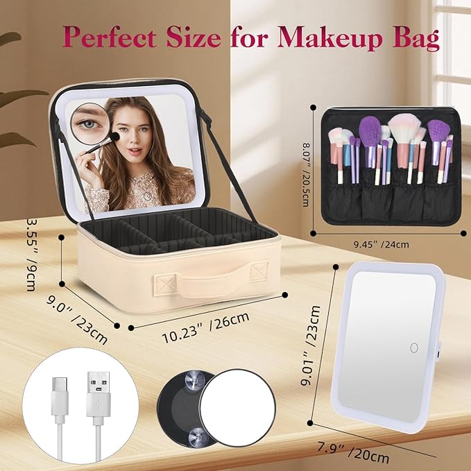 Travel Makeup Bag With LED Mirror,Cosmetic Train Case with 3 Color Setting,Cosmetic Makeup Organizer Bag with Adjustable Dividers,Portable Make up Box with Make up Brushes Holder Storage（Beige）