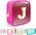 Mini Clear Personalized Initial Makeup Bag,Nylon Preppy A-Z Chenille Letter Patch Zipper Cosmetic Bag, Small Cute Beach Pouch Travel Purse Sanitary Napkin Storage Bag for Women Girls(Hot Pink-White J)