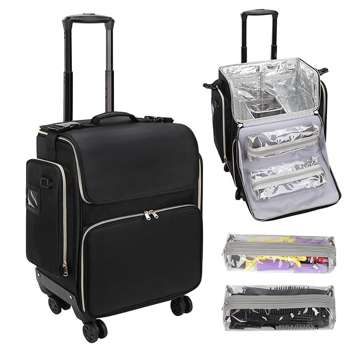 Large Makeup Train Case for Hairstylists & Hairdressers - Cosmetic Organizer with Detachable Pouch, Heat-Insulated & Anti-Scald Full Layer, Hairdressing Tool Storage Trolley with 4 360° Swivel Wheels
