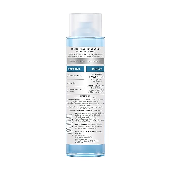 Eucerin Face Gentle Cleansing Hydrating Micellar Water with Hyaluronic Acid, Face Cleanser and Makeup Remover, Fragrance Free and Non-Drying for All Skin Types, 13.5 Fl Oz Bottle