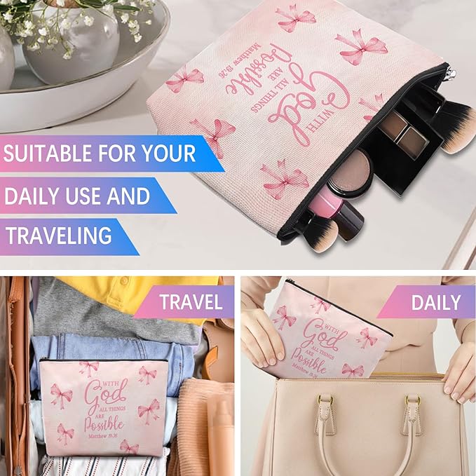 Bible Makeup Bag for Women, Christian Gifts for Women, Prayer Bible Supplies, Cute Aesthetic Coquette Pink Bow Cosmetic Bag Pouch