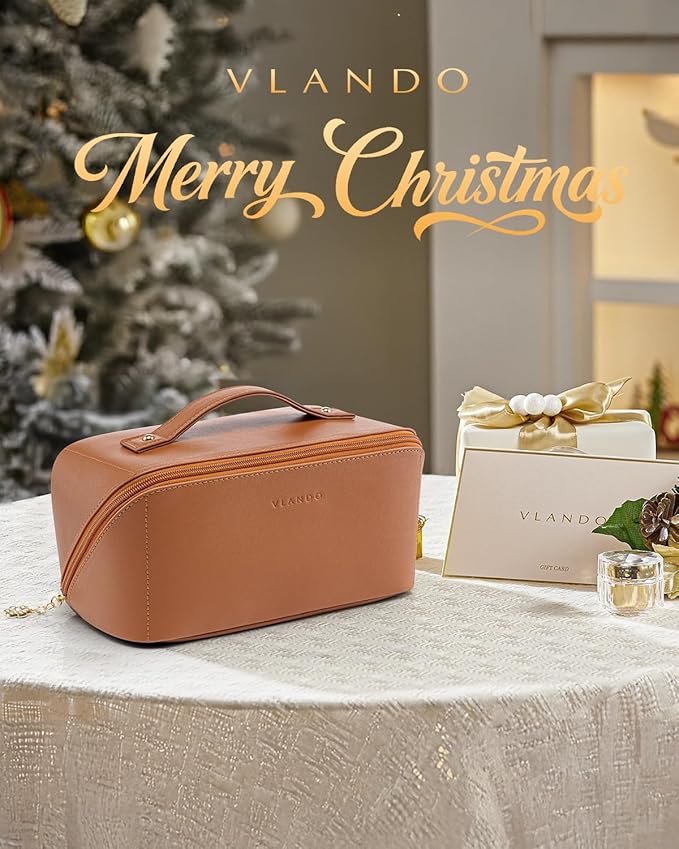 Vlando Makeup Bag,Large Capacity Travel Toiletry Bag,Cosmetic Bags for Women PU Leather Waterproof Portable Pouch with Divider & Handle-Brown