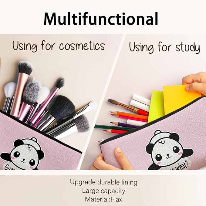 Panda Gifts Pink Makeup Bag, Cute Baby Panda Guess What It's Pug Butt Cosmetic Bag, Travel Toiletry Bag for Daughter, Canvas Zipper Pouch