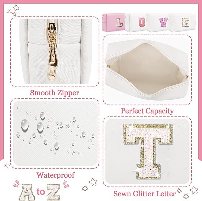 Personalized Initial Letter Makeup Bag, Small Preppy Glitter Cosmetic Pouch PU Waterproof Zipper Travel Toiletry Bag, Unique Letter Patch Makeup Organizer Gift for Women Teen Girls
