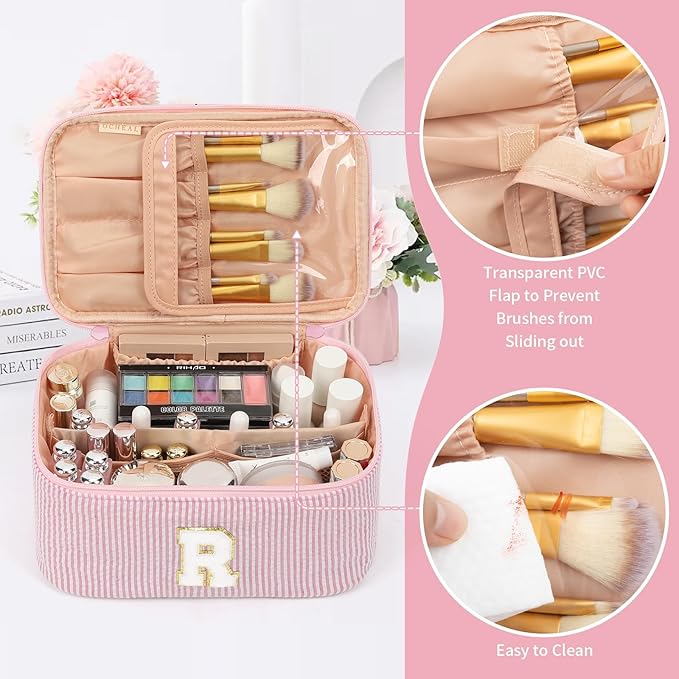 OCHEAL Makeup Bag for Women, Monogram Cosmetic Bag with Brush Holder, Pink Travel Makeup Case Beauty Toiletry Bag Organizer Personalized Gifts for Girls Bridesmaid, Sister, Wife, Friends Initial R