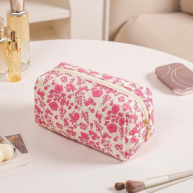 JOVAKIT Square Makeup Bag Cute Cosmetic Bag for Women, Floral Coquette Aesthetic Toiletry Bag, Zipper Make Up Pouch, Travel Make Up Organizer Bag (Bright Red Floral)