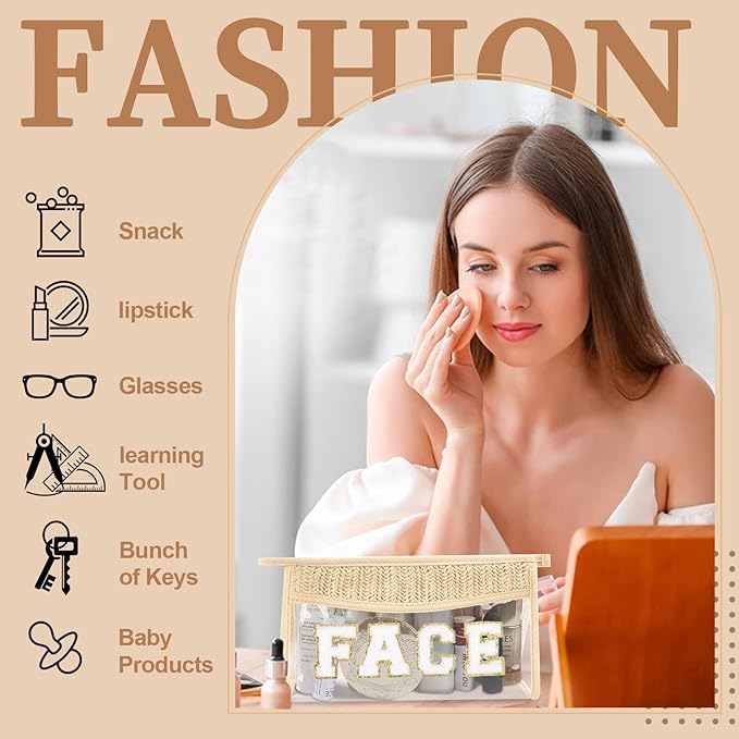 Small Boho Straw Clear Face Makeup Bags for Women&Girls, Zipper Cosmetic Bag Chenille Varsity Letter Patch Bag, Preppy Cute Toiletry Pouch, Trendy Organizer Storage Bag for Beach Travel Essentials
