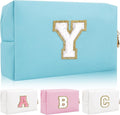 Personalized Initial Letter Patch Makeup Bag, Preppy Portable Chenille Letter Cosmetic Bag with Zipper, PU Leather Waterproof Travel Toiletry Bag Monogram Make Up Pouch for Women Girls