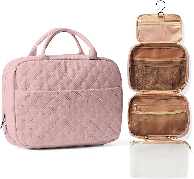 Travel Toiletry Bag For Women Small Hanging Toiletry Travel Makeup Bag lightweight Water-Resistant Toiletries Organizer case portable Cosmetic Bags For Women Pink