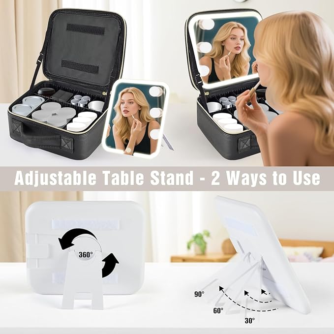 Makeup Bag with Mirror and Light, Travel Makeup Train Case with LED Lighted Removable Mirror, Portable Cosmetic Organizer Make up Bag with 3 Colors Dimming Light, Adjustable Dividers & Brush Board