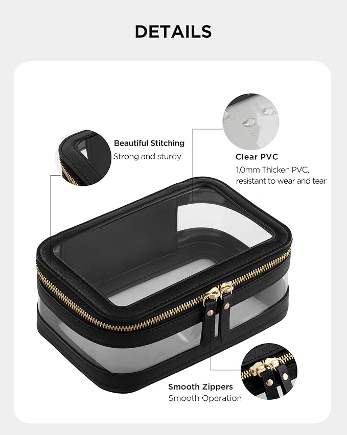 Medium Clear Makeup Bag for Women, Portable Travel Makeup Bag Organizer Waterproof Toiletry Bag Cute Makeup Bags Cosmetic Bag Makeup Pouch, Black