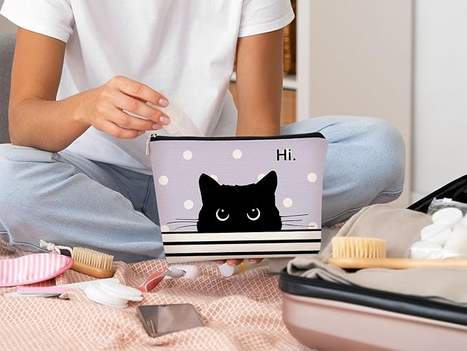 Cat Makeup Bag - Small Cute Cosmetic Bag for Women & Girls, Black & Purple Polka Dot Cat Lady Gifts