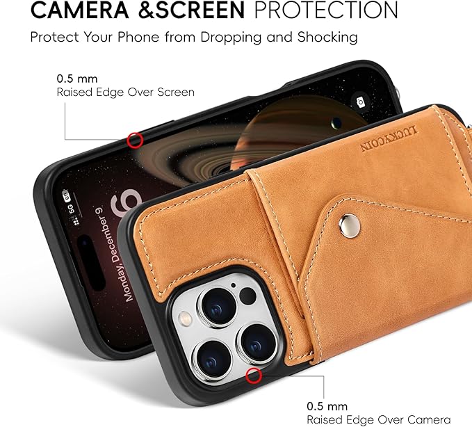 LUCKYCOIN Crossbody Wallet Phone Case for iPhone 16 Pro Max,100% Genuine Leather Wallet Phone Case with Expandable Flip Card Holder,Phone Purse for Women with Adjustable Removable Strap - Brown