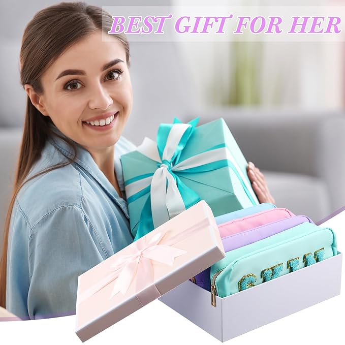 Remerry 4 PCS Nylon Cosmetic Bags Waterproof Spacious Travel Makeup Organizer for Women Chenille Letter Preppy Zipper Pouch Face Stuff Skin Hair Organizer Gift(Light Blue, Green, Purple, Pink)