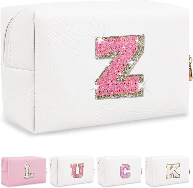 Initial Letter Patch Makeup Bag, Preppy Glitter Letter Pouch Cosmetic Bag,Small PU Travel Toiletry Bag Zipper,Personalized Monogrammed Gift for Friends Sister,Cute Stuff for Women Teen Girls(Letter Z)