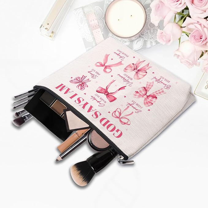 God Says I Am Makeup Bag, Pink Coquette Bow Bible Verse Cosmetic Bag, Inspirational Christian Gifts for Women, Religious Faith Based Gifts Inspirational Affirmations Gift Bag
